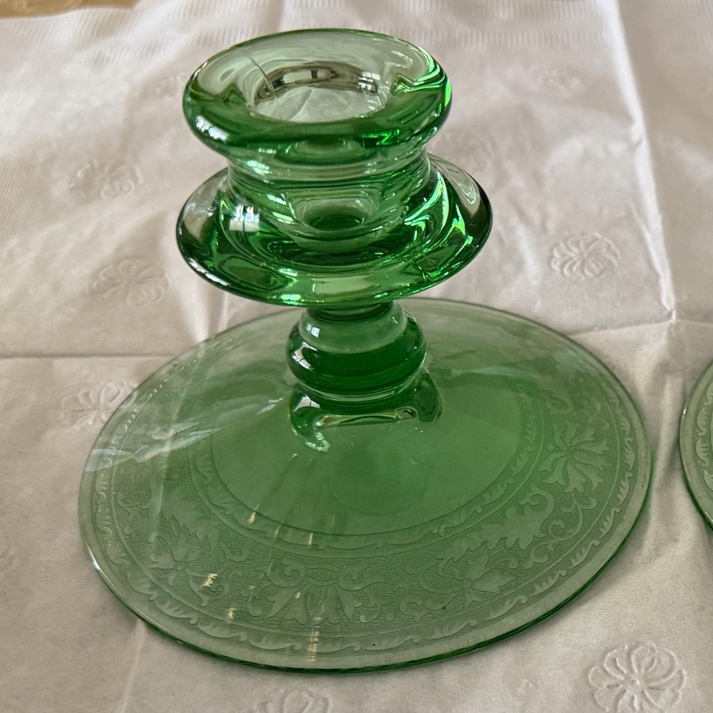 Fostoria Royal Green Depression Glass Candlestick Holders - Picture 2 of 4